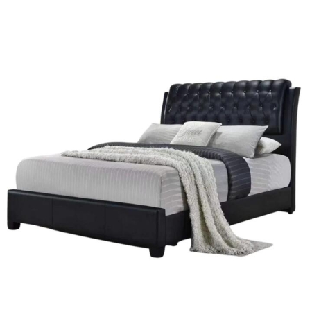 Design Square Designer Modern Faux Leather Bed Frame W/ Tufted Headboard Queen Size - Black