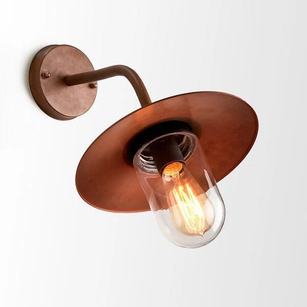 DEKSEL Wall Light Surface Mounted ES Sun Hat Aged Copper IP54 Clear Glass Diffuser