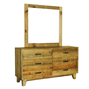 Dresser with 6 Storage Drawers in Solid Acacia With Mirror in Vintage Light Brown Colour