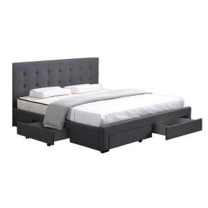 Bed Frame Base With Storage Drawer Mattress Wooden Fabric Queen Dark Grey