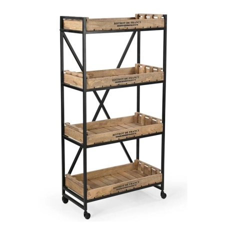 Bistrot De France Industrial Rustic 4-Tier Movable Bookcase On Wheels