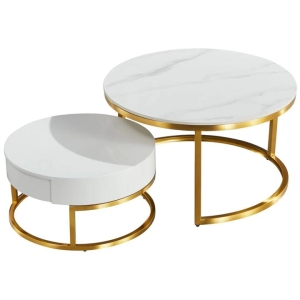 Our Home Carissa Round Nesting Sintered Stone Coffee Table - White & Gold