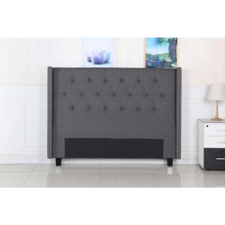 Bed Head Queen Charcoal Headboard Upholstery Fabric Studded Buttons