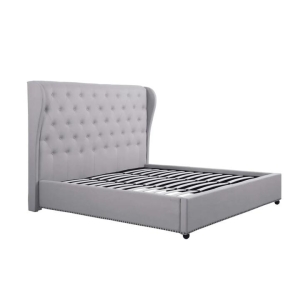 Bed Frame Queen Size in Grey Fabric Upholstered French Provincial High Bedhead
