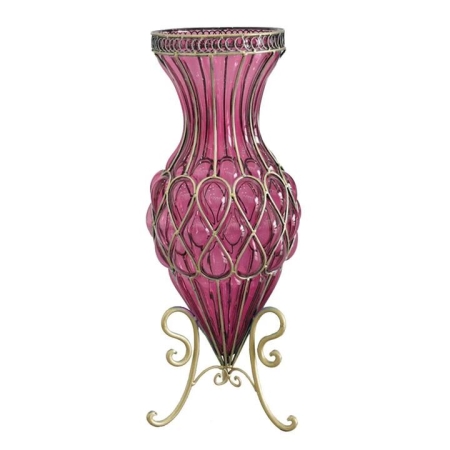 65cm Purple Glass Tall Floor Vase with Metal Flower Stand