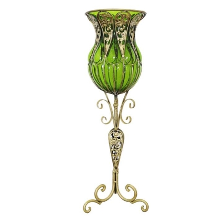 85cm Green Glass Floor Vase with Tall Metal Flower Stand