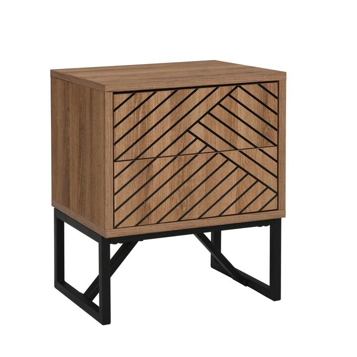 Design Square Andrei Bedside Nightstand Table Herringbone Pattern W/ 2-Drawer - Oak/Black