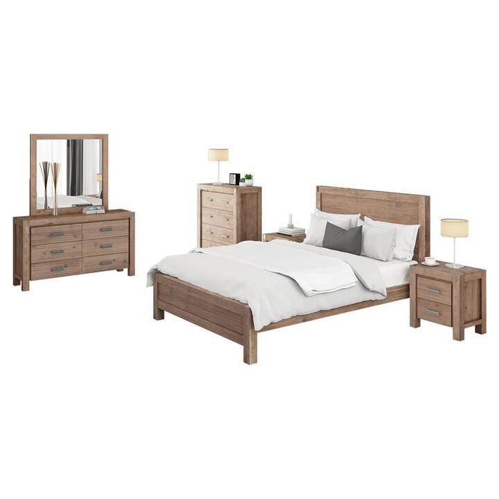 5 Pieces Bedroom Suite in Solid Wood Veneered Acacia Construction Timber Slat Queen Size Oak Colour Bed