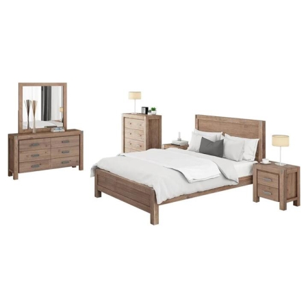 5 Pieces Bedroom Suite in Solid Wood Veneered Acacia Construction Timber Slat Single Size Oak Colour Bed