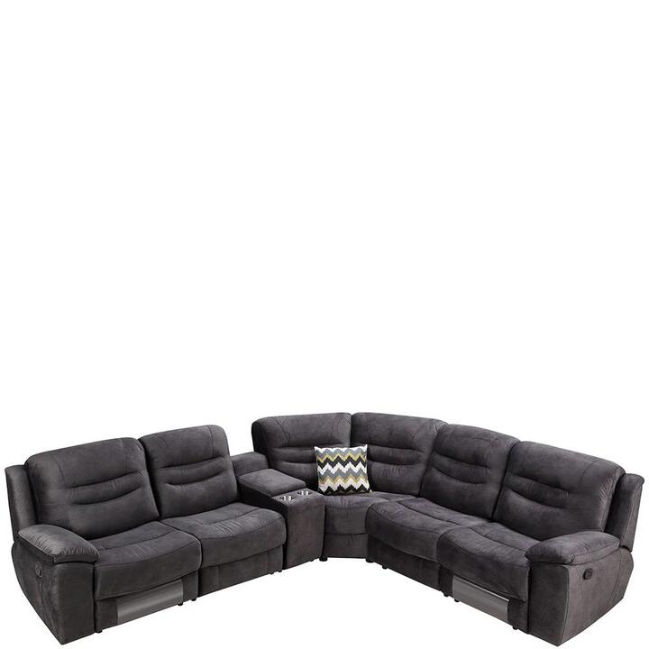 5 Seater Corner Couch Velvet Grey Fabric Recliner Sofa Lounge Set with Quilted Back Cushions