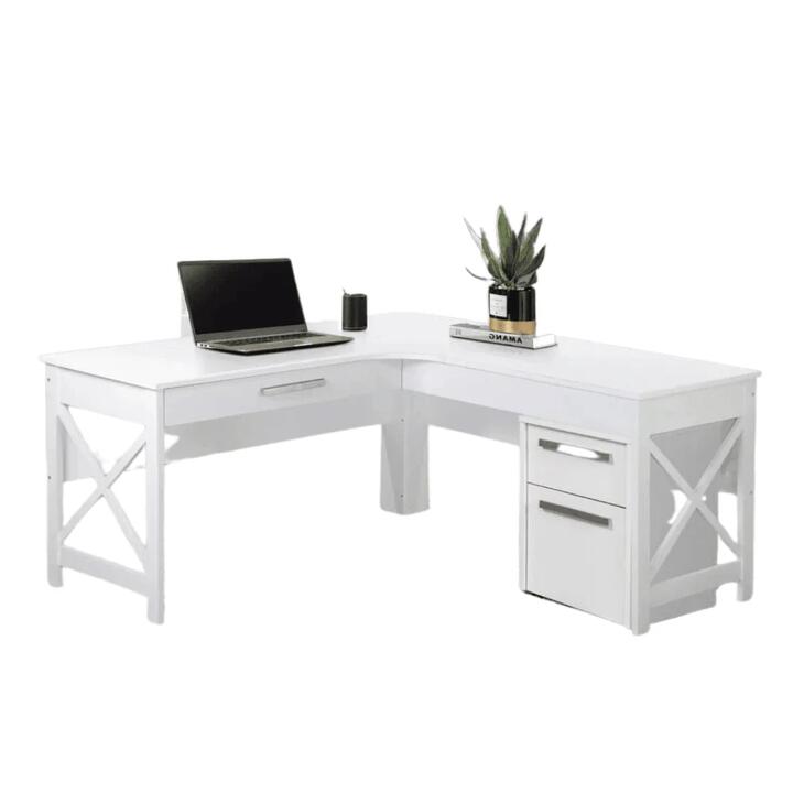 Maestro Furniture Andy L-Shaped Office Computer Manage Executive Working Desk W/ Mobile Pedestal - Distressed White