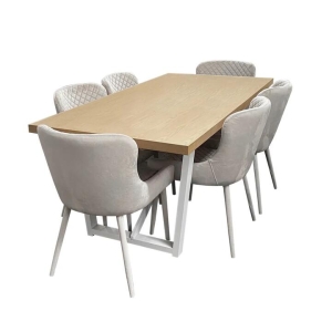 HomeStar 7Pc Dining Set Havana Rectangle Dining Table 180cm Natural W/ 6Pc Corrie Velvet Dining Chair Grey