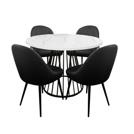 HomeStar 5Pcs Dining Set Matilda Round Faux Marble Dining Table 110cm White W/ 4x Soon Dining Chair in Black PU