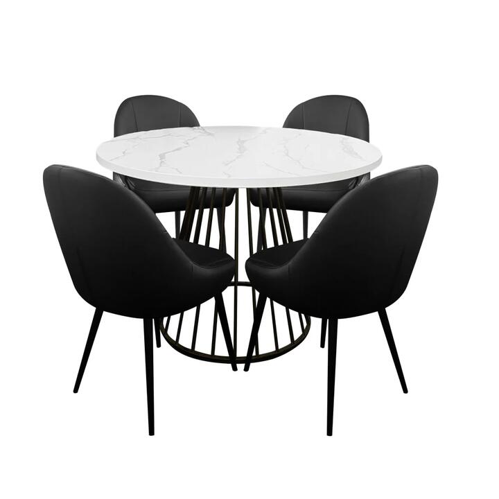 HomeStar 5Pcs Dining Set Matilda Round Faux Marble Dining Table 110cm White W/ 4x Soon Dining Chair in Black PU