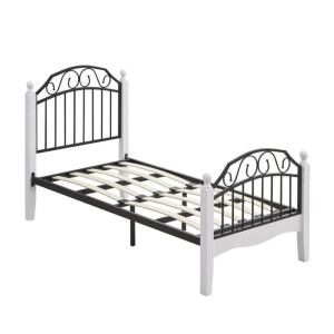 Ashley King Single Size Bed Frame Wooden Pole Black Metal Frame - White