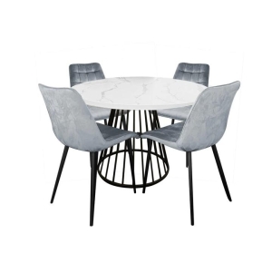 HomeStar 5Pc Dining Set Matilda Round Dining Table 110cm Marble Look & 4 Lainey Fabric Velvet Dining Chair Grey