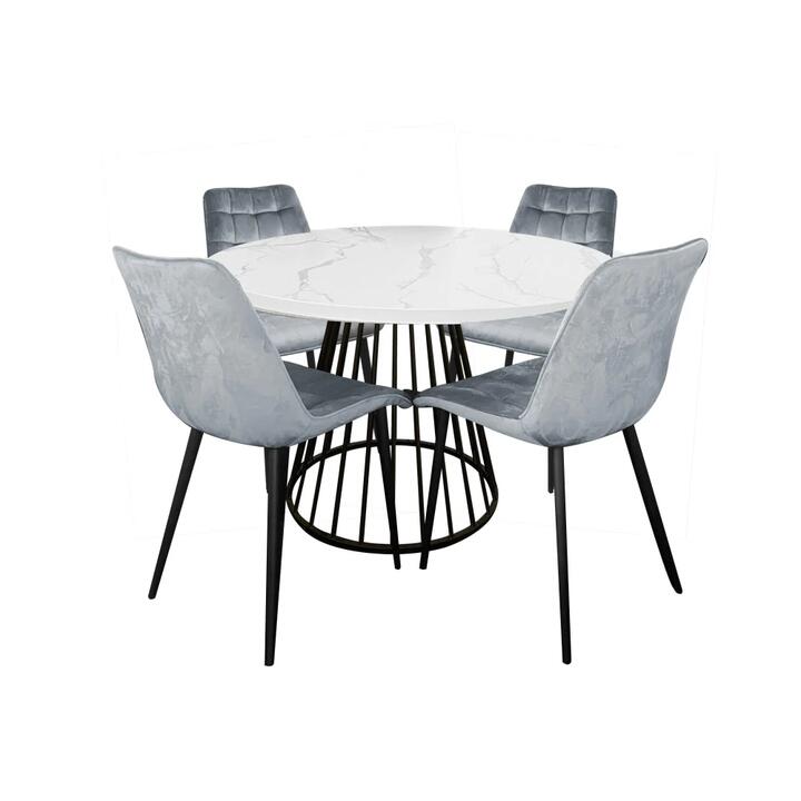 HomeStar 5Pc Dining Set Matilda Round Dining Table 110cm Marble Look & 4 Lainey Fabric Velvet Dining Chair Grey