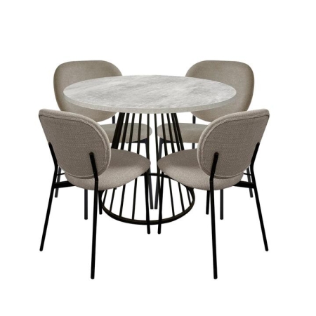 HomeStar 5Pc Dining Set Matilda Round Dining Table 110cm Faux Cement W/ 4Pc Archie Fabric Dining Chair Latte