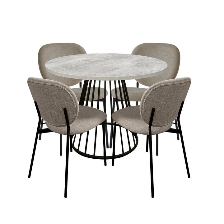 HomeStar 5Pc Dining Set Matilda Round Dining Table 110cm Faux Cement W/ 4Pc Archie Fabric Dining Chair Latte