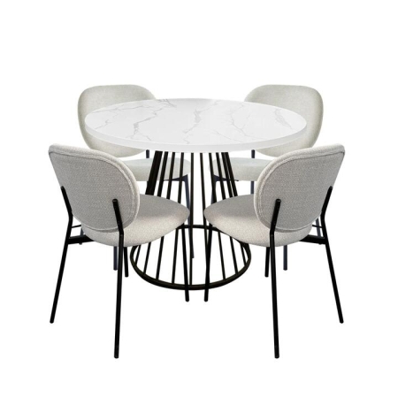 HomeStar 5Pc Dining Set Matilda Round Dining Table 110cm Faux Marble W/ 4Pc Archie Fabric Dining Chair Coconut