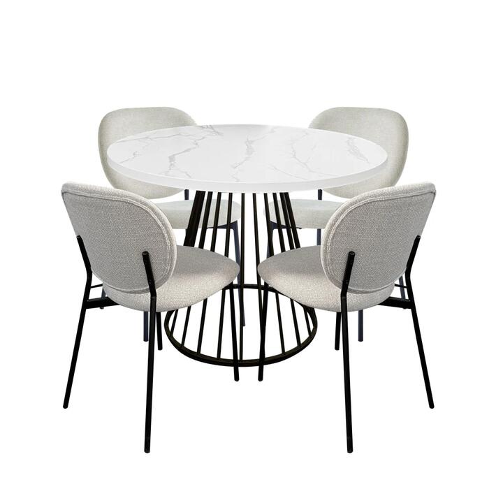 HomeStar 5Pc Dining Set Matilda Round Dining Table 110cm Faux Marble W/ 4Pc Archie Fabric Dining Chair Coconut