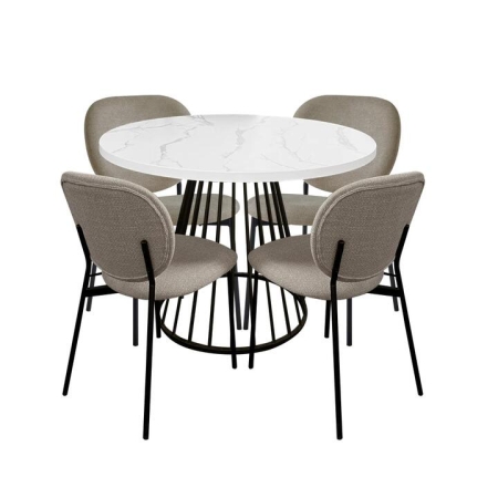 HomeStar 5Pc Dining Set Matilda Round Dining Table 110cm Faux Marble W/ 4Pc Archie Fabric Dining Chair Latte