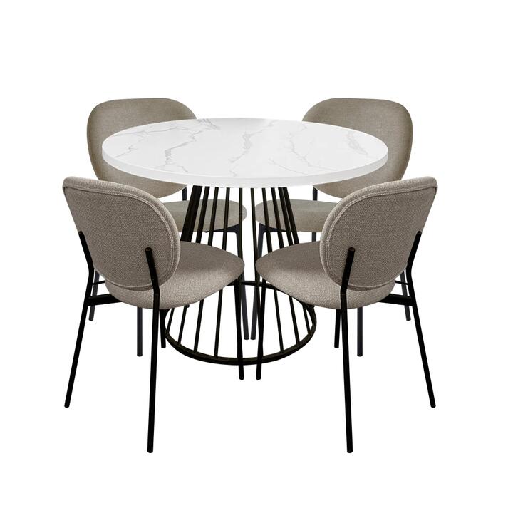 HomeStar 5Pc Dining Set Matilda Round Dining Table 110cm Faux Marble W/ 4Pc Archie Fabric Dining Chair Latte