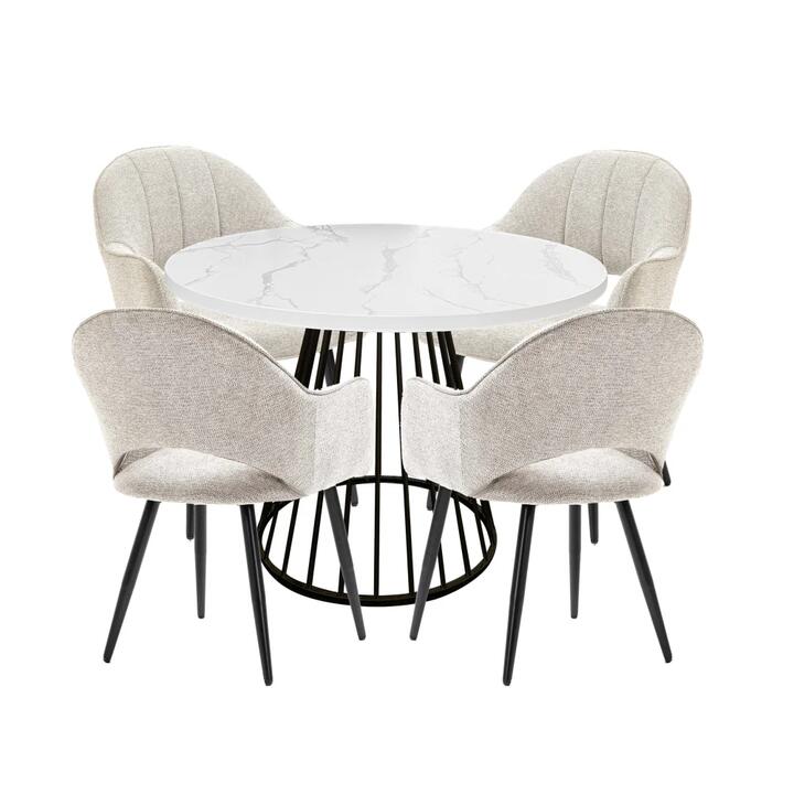 HomeStar 5Pc Dining Set Matilda Round Dining Table 110cm Faux Marble W/ 4Pc Luka Fabric Dining Chair Coconut