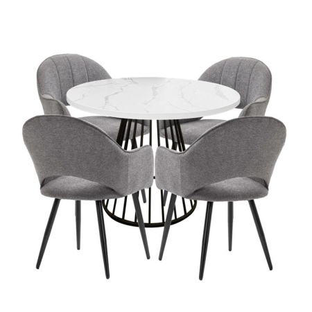 HomeStar 5Pc Dining Set Matilda Round Dining Table 110cm Faux Marble W/ 4Pc Luka Fabric Dining Chair Grey