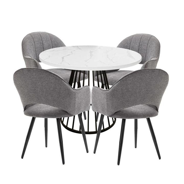 HomeStar 5Pc Dining Set Matilda Round Dining Table 110cm Faux Marble W/ 4Pc Luka Fabric Dining Chair Grey