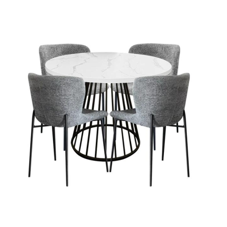 HomeStar 5Pc Dining Set Matilda Round Dining Table 110cm Faux Marble W/ 4Pc Sonata Fabric Dining Chair Grey