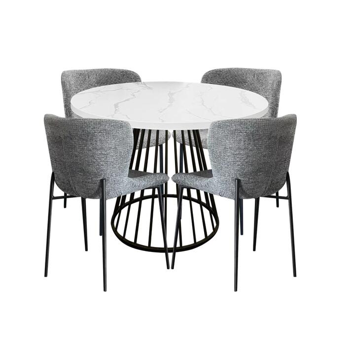 HomeStar 5Pc Dining Set Matilda Round Dining Table 110cm Faux Marble W/ 4Pc Sonata Fabric Dining Chair Grey