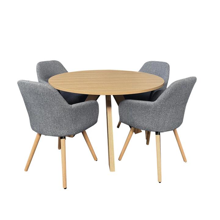 HomeStar 5Pc Dining Set Morrison Round Dining Table 120cm Natural W/ 4Pc Milan Fabric Dining Chair Grey