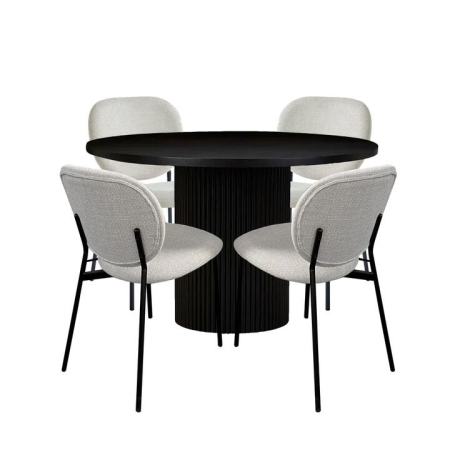 HomeStar 5Pc Dining Set Sona Round Dining Table 120cm Black W/ 4Pc Archie Fabric Dining Chair Coconut