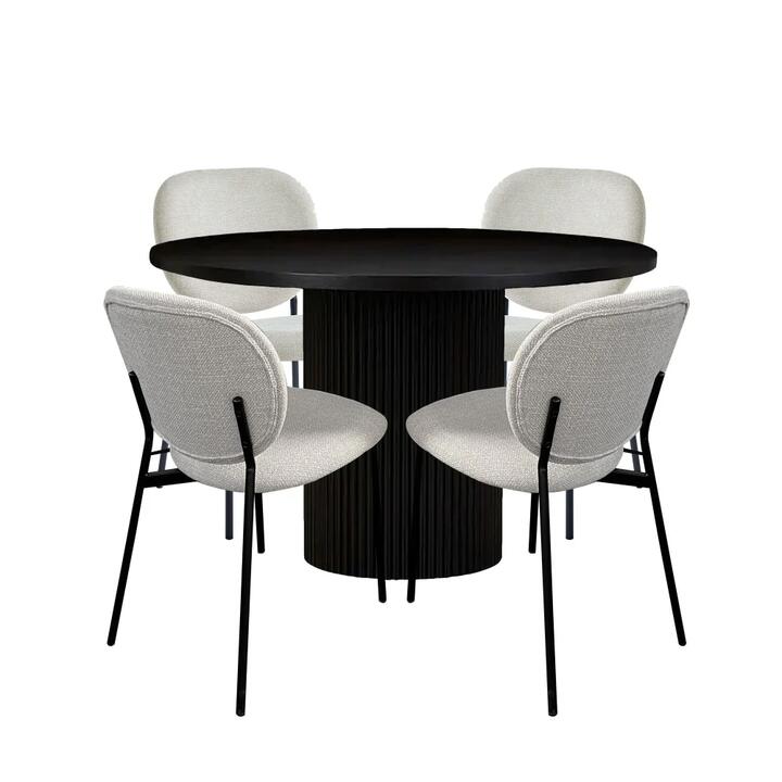 HomeStar 5Pc Dining Set Sona Round Dining Table 120cm Black W/ 4Pc Archie Fabric Dining Chair Coconut