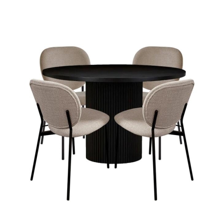 HomeStar 5Pc Dining Set Sona Round Dining Table 120cm Black W/ 4Pc Archie Fabric Dining Chair Lattte