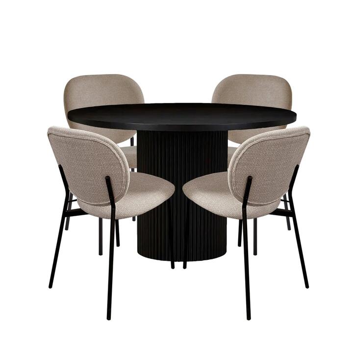 HomeStar 5Pc Dining Set Sona Round Dining Table 120cm Black W/ 4Pc Archie Fabric Dining Chair Lattte