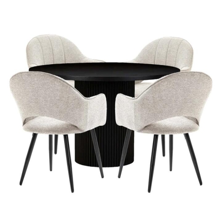 HomeStar 5Pc Dining Set Sona Round Dining Table 120cm Black W/ 4Pc Luka Fabric Dining Chair Coconut