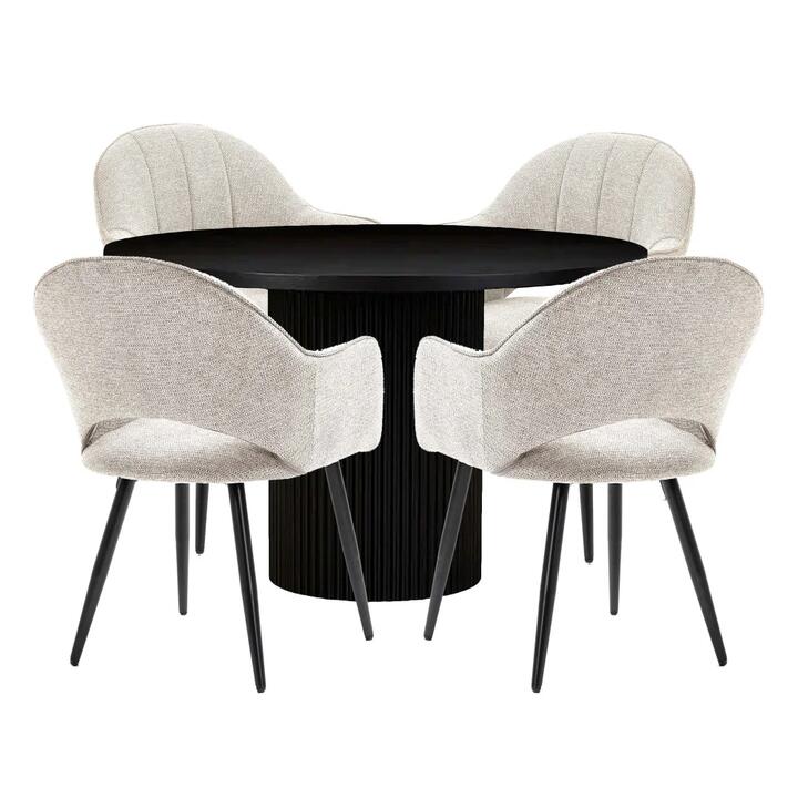HomeStar 5Pc Dining Set Sona Round Dining Table 120cm Black W/ 4Pc Luka Fabric Dining Chair Coconut