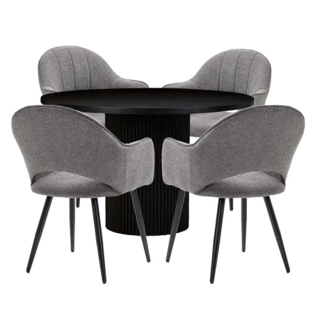 HomeStar 5Pc Dining Set Sona Round Dining Table 120cm Black W/ 4Pc Luka Fabric Dining Chair Grey