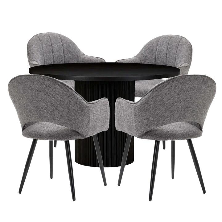 HomeStar 5Pc Dining Set Sona Round Dining Table 120cm Black W/ 4Pc Luka Fabric Dining Chair Grey