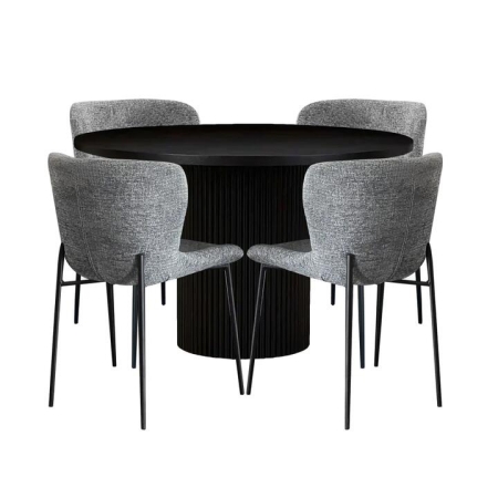 HomeStar 5Pc Dining Set Sona Round Dining Table 120cm Black W/ 4Pc Fabric Dining Chair Grey