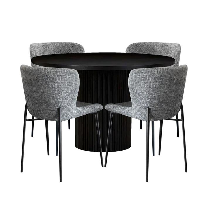 HomeStar 5Pc Dining Set Sona Round Dining Table 120cm Black W/ 4Pc Fabric Dining Chair Grey