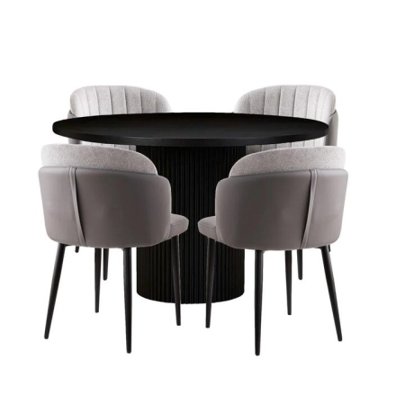 HomeStar 5Pc Dining Set Sona Round Dining Table 120cm Black W/ 4Pc Royale Fabric Dining Chair Grey