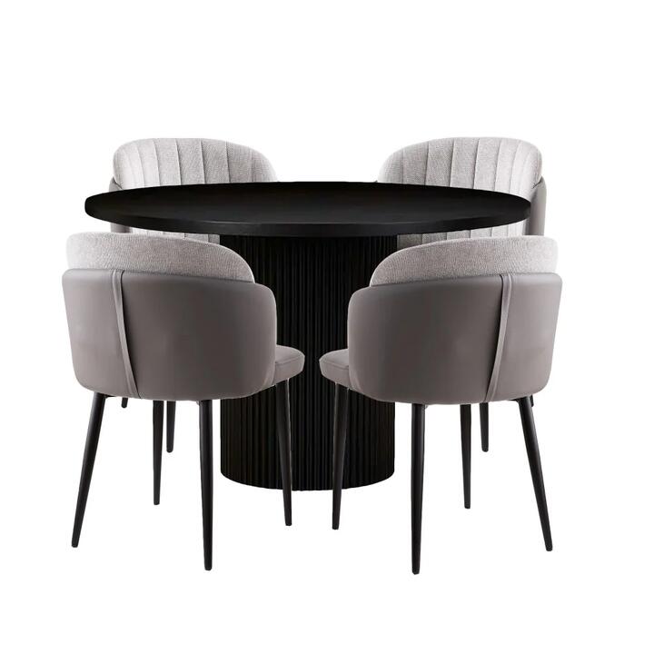 HomeStar 5Pc Dining Set Sona Round Dining Table 120cm Black W/ 4Pc Royale Fabric Dining Chair Grey