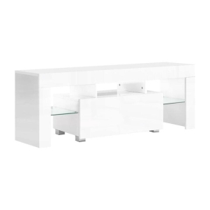 130cm RGB LED TV Stand Cabinet Entertainment Unit Gloss Furniture Drawer Tempered Glass Shelf White