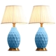 2X Textured Ceramic Oval Table Lamp with Gold Metal Base Blue