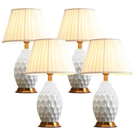 4X Textured Ceramic Oval Table Lamp with Gold Metal Base White