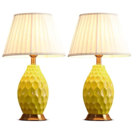 2X Textured Ceramic Oval Table Lamp with Gold Metal Base Yellow