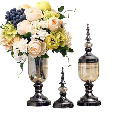 2X Clear Glass Flower Vase with Lid and White Flower Filler Vase Black Set